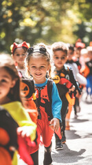 A group of children are dressed in Halloween costumes and are running down a street. Scene is cheerful and playful, as the children are enjoying themselves and participating in a fun activity