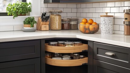 Kitchen access mechanism Magic corner for Blind Corner Cabinets. Solution for a kitchen corner storage in cupboard. Corner unit with pull out shelves for cookware.