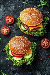 close-up of a delicious burger on a dark, rustic background