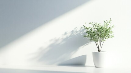 A potted plant with green leaves against a white wall with sunbeams