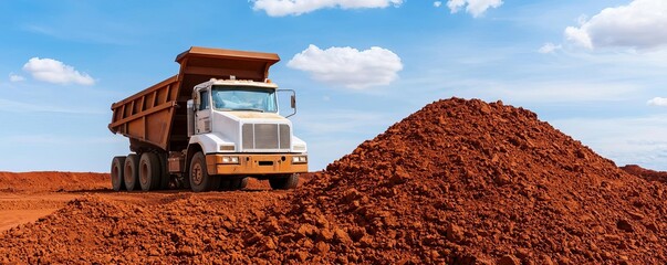 Iron Ore Mining Activities, loading trucks, deep red soil, overburden removal, heat waves, industrial activity, natural earth colors, raw power