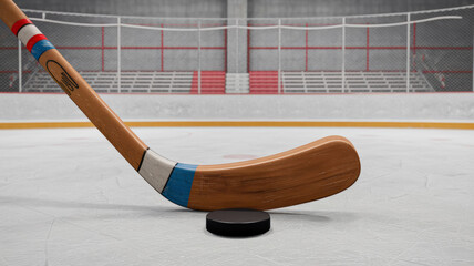 A hokey stick is a curved wooden stick, used to play the sport of hockey. The image shows a hokey stick with a puck on the ground in front of it. The background is a hockey rink with bleachers