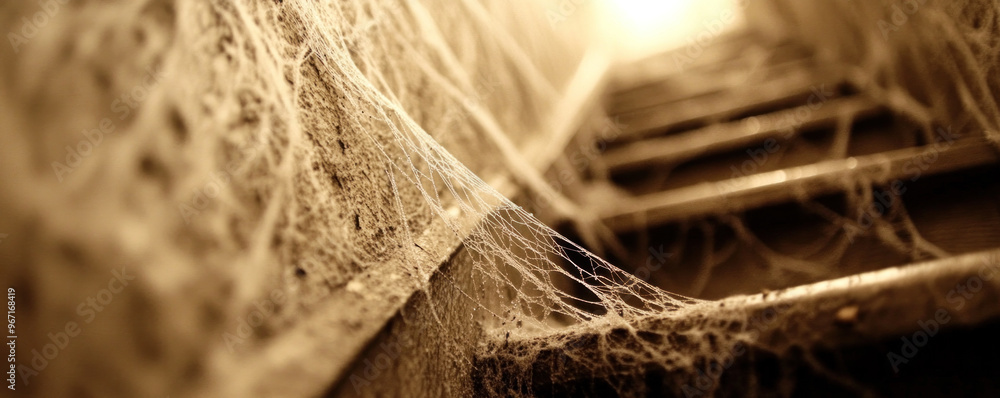 Poster a staircase with a spider web on it. the spider web is made of strings and is covering the entire st