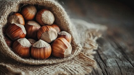 Fototapeta premium Closeup of whole hazelnuts in a rustic setting, showcasing their benefits for a healthy diet and nutrition, ideal for health-conscious food visuals