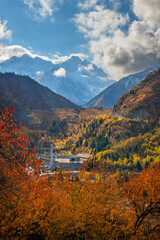 A picturesque mountain gorge and the famous high-mountain skating rink "Medeu" on an autumn day