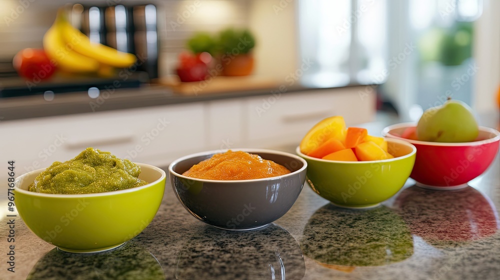 Wall mural Colorful bowls of baby food with fresh fruits and vegetables on a kitchen counter, symbolizing healthy meal options and baby nutrition