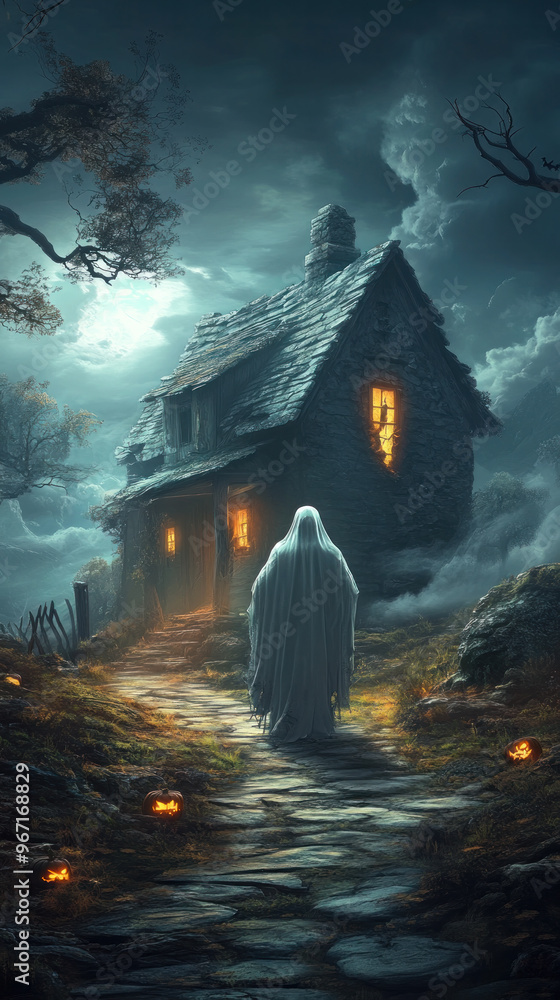 Poster a ghostly figure walks down a path in front of a house. the house is surrounded by trees and has a c