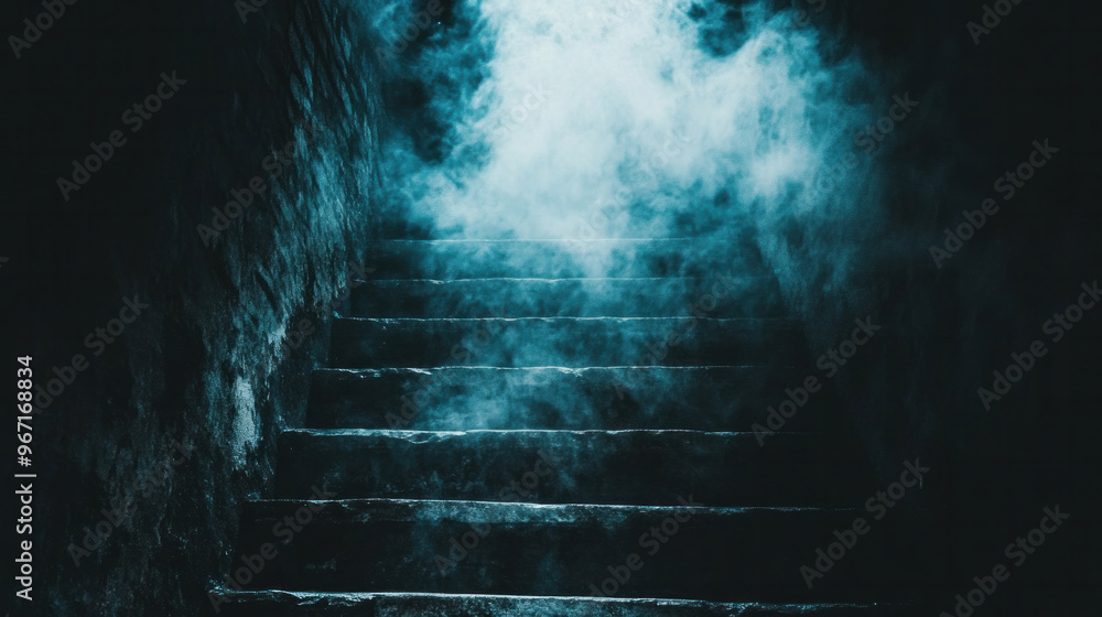 Poster a staircase with smoke coming out of it. the staircase is empty and there is no one in the scene
