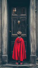 Obraz premium A boy in a red cape stands in front of a black door. The door has a brass knob and a brass handle. The boy is looking through the door, possibly waiting for someone or looking out into the street