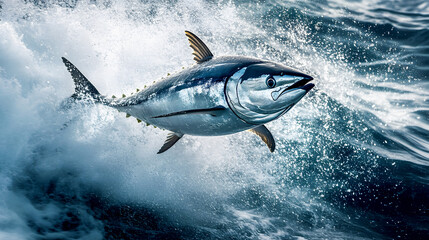 Fototapeta premium large tuna fish jumping out of the water, with a trail of splashing ocean spray highlighting its powerful