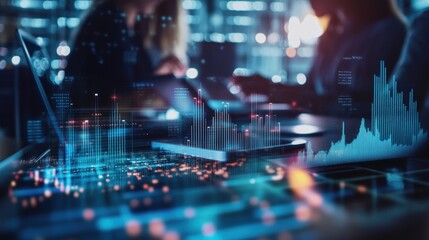 team of diverse professionals in a office working,  laptops and tablets, displaying blurred complex data visualizations in the background