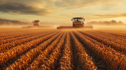 Fototapeta premium Farmers harvesting crops in a vast field with modern machinery