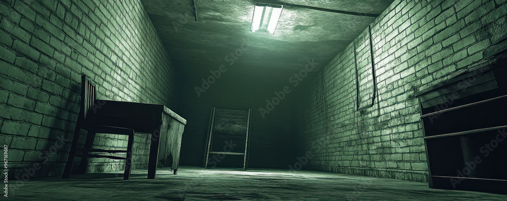 Poster a dark room with a desk and a chair. the room is empty and the only light source is a lamp