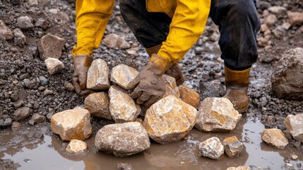 Fototapeta premium Diamond Mining Workers Sorting Stones, sifting gravel, examining diamonds, wet ground, meticulous work, light reflection, close-up action