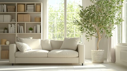 Contemporary living room design with a soft sofa, a decorative olive tree, and modern shelf units, bright daylight enhancing the spacious feel