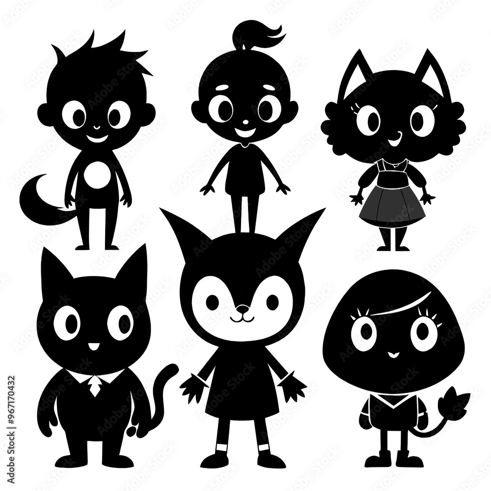Poster a collection of cute cartoon characters in black silhouette each displaying different playful poses 