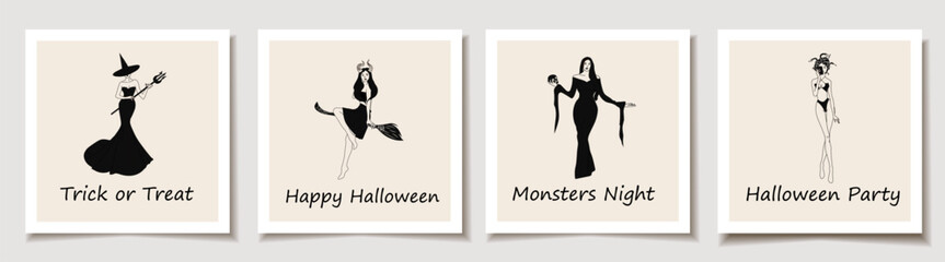 Fototapeta premium Set of Halloween cards with Set of Halloween costume concepts. Witch. Greeting cards.