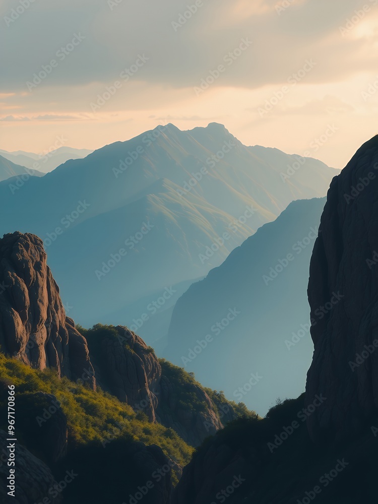 Wall mural Rugged mountain peaks rise up against a hazy sky.