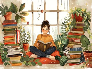 A young woman sits by a window, surrounded by books and plants, engrossed in reading.