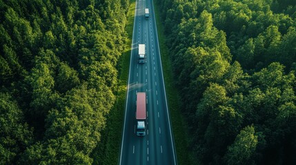 Aerial View of Trucks Traveling on a Highway Through a Forest