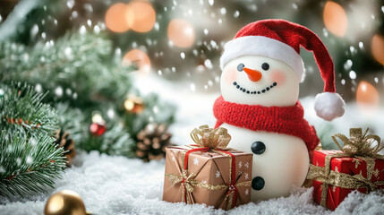 Fototapeta premium Winter holiday background banner cute snowman Merry christmas and happy new year