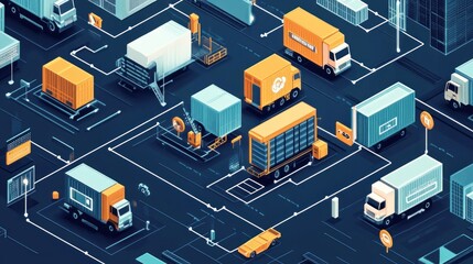 Obraz premium Isometric Illustration of a Delivery Network with Trucks and Containers