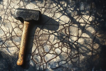 A Black Hammer Resting on a Cracked and Weathered Surface