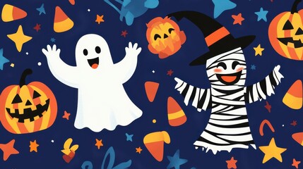 A joyful ghost and a cheerful mummy celebrate Halloween with pumpkins, candy, and colorful stars in a festive design filled with fun elements