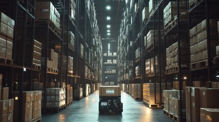 Fototapeta premium Automated Guided Vehicle Navigating Through a Warehouse