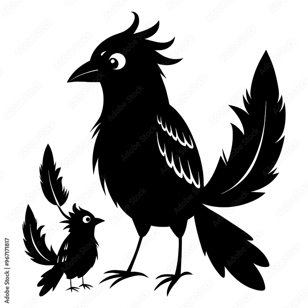 Poster a large bird with intricate feathers stands next to a small bird both depicted in bold black art cap