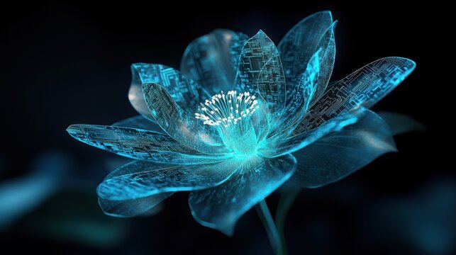 Elegant digital flower with intricate glowing circuits