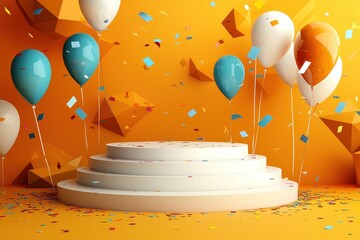 Colorful celebration podium with balloons on orange background
