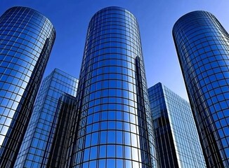 Three modern glass skyscrapers against a blue sky.