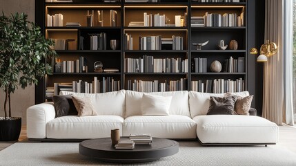 Cozy white couch in a luxurious home setting, placed near a large bookshelf filled with books and decorative items