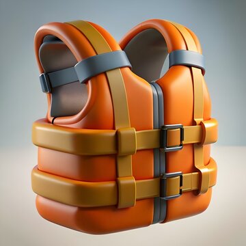 recommend clip art: A bright orange life vest with yellow straps and silver buckles. rendered in a 3D style.