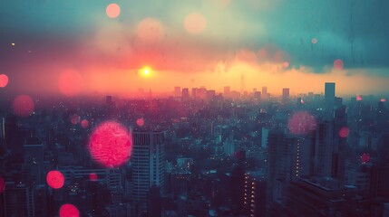 Fototapeta premium A stunning skyline at sunset, featuring urban buildings and a vibrant atmosphere with colorful bokeh effects.