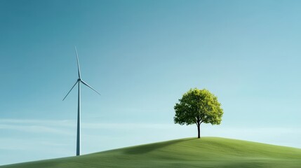 Obraz premium How does the imagery of a tree and wind turbines inside a glass globe symbolize the balance between nature and technology in achieving sustainability,