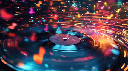A vibrant vinyl record surrounded by colorful music notes and lights, capturing the essence of joyful sound and rhythm.