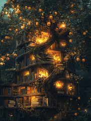 Fototapeta premium Magical treehouse with glowing lights at night, filled with books and surrounded by nature. Perfect for fantasy or adventure themes.