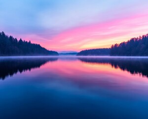 Fototapeta premium Serene sunrise over a still lake, with vibrant colors reflecting on the water's surface. The mist adds a touch of mystery.