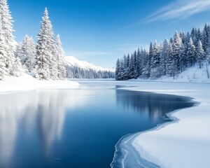 Serene winter landscape with a frozen lake, snow-covered trees, and a clear blue sky reflecting tranquility and natural beauty.