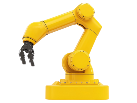 a yellow robotic arm with black fingers