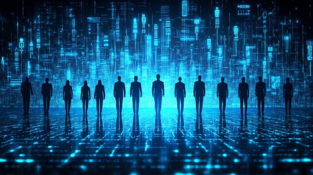 Silhouettes of Business People Standing on Digital Technology Background, Big Data Concept
