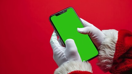 White gloves hands Santa Claus holding and showing smartphone with green chroma key screen in hands on red background, Christmas new year sale promotions, app advertisements and holiday discounts