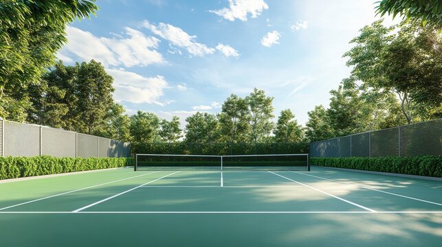 A serene outdoor tennis court surrounded by lush greenery and a clear blue sky, ideal for recreational play.