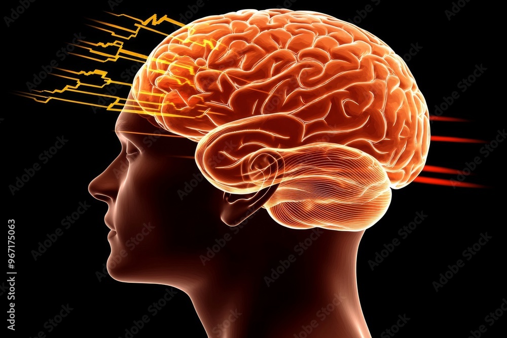 Poster auditory futuristic metaphor electrical circuits and energy field brain with electrical impulses sym