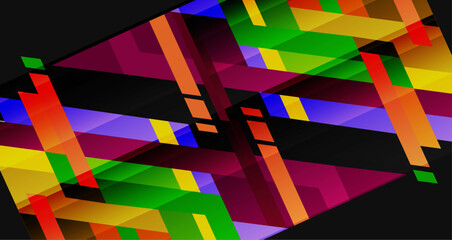 vibrant and dynamic abstract composition featuring intersecting lines and shapes in a variety of vivid colors