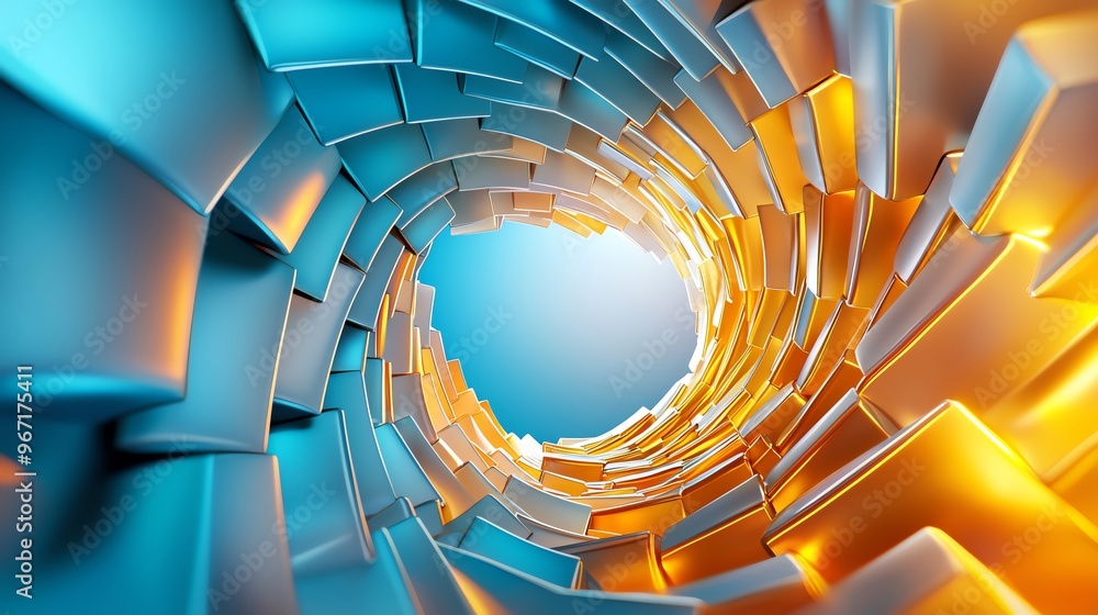 Poster a colorful abstract tunnel design with vibrant blue and orange tones, creating a striking visual eff