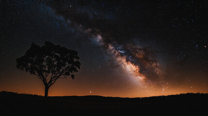 The magnificent Milky Way stretches across the clear night sky, with a silhouette of a lonely tree in the foreground, vast natural landscapes and mysterious starry sky.