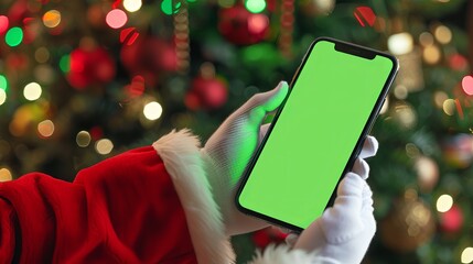White gloves hands Santa Claus holding and showing smartphone with green chroma key screen in hands on festive background, Christmas new year sale promotions, app advertisements and holiday discounts